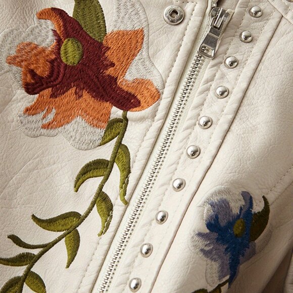 Women Floral Embroidered Moto PU Leather Jacket Coat - Picture 5 of 7